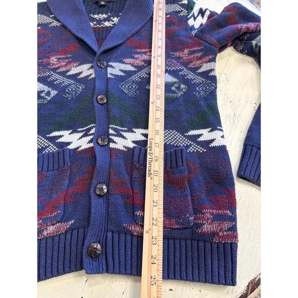 Adam Levine Mens' Medium Shawl Collar Cardigan Blue Multicolor Aztec Print - Picture 5 of 7